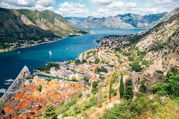 Fototapeta na wymiar Bay of Kotor town panorama view in Montenegro