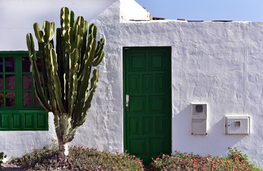 Typical tiny Canarian white house with cactus in front of the entrance and green door and windows, Lanzarote, Teguise, Canary Islands, Spain