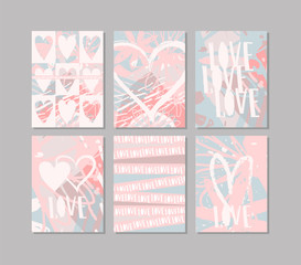 A set of modern minimalist postcards about love. Wedding invitations, Valentine s Day. Pink mock-ups with white heart and text. Flat stock vector illustration