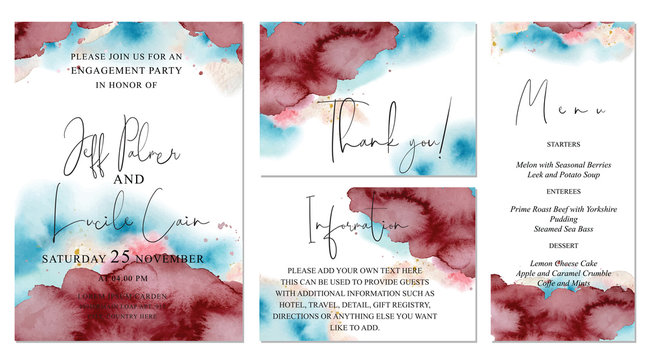 Burgundy And Blue Wedding Set With Watercolor Background