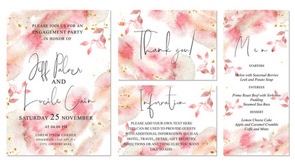Pink and gold wedding set with abstract watercolor background