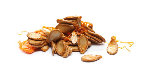 Raw muscat squash seeds, isolated on white background