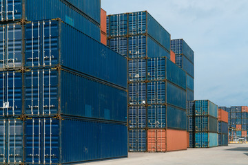 Container Box in shipyard port Logistics area, a logistics transportation industry with blue sky and copy space. imports, exports, logistics, transportation, commercial  dock or supply chain concept