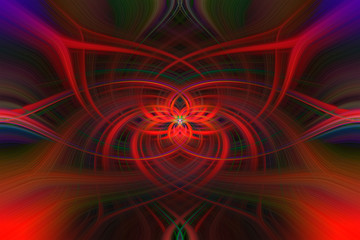 Abstract background, mandala with a lot of lines, mainly red with green and blue hues