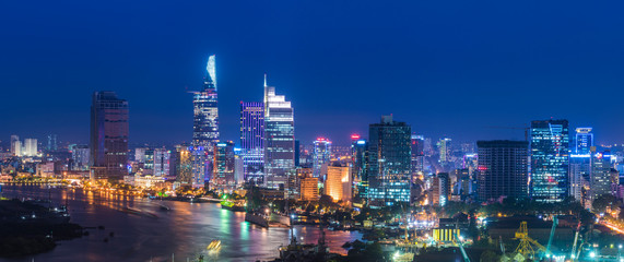 Ho Chi Minh City a capital city of Vietnam country view at night. - obrazy, fototapety, plakaty