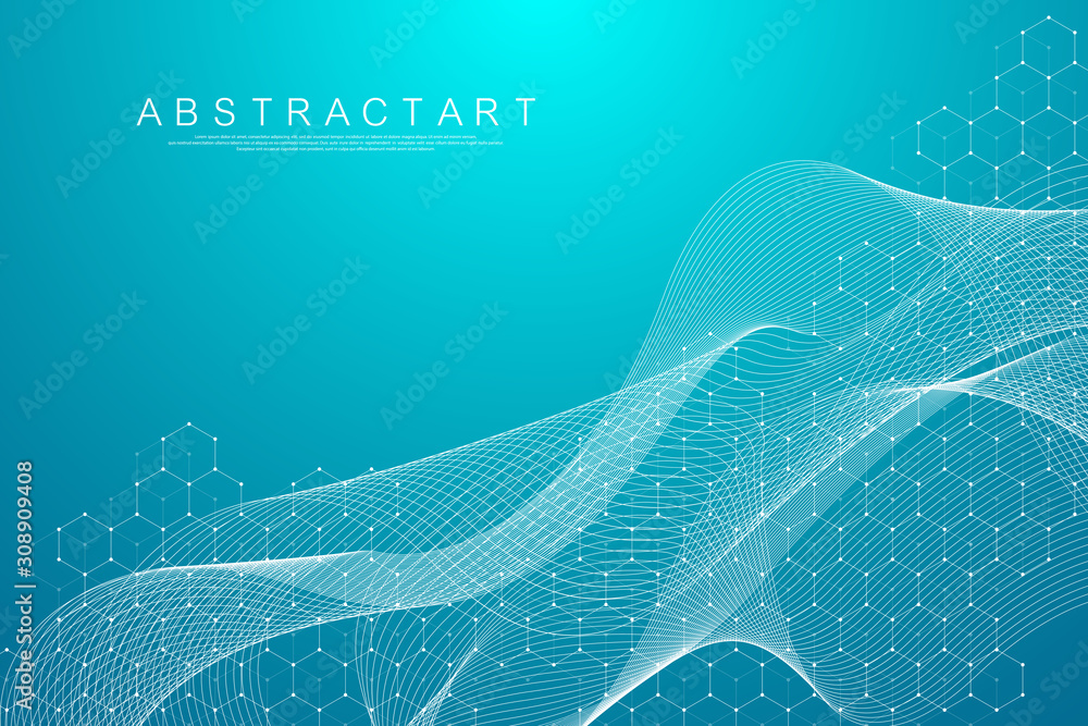 Poster Abstract hexagonal boxes background. Molecular structure with hexagons lines and dots. Medical banner template design. Science and technology concept. Vector illustration