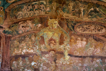 Part of frescoes "Triumph of Death", last Judgement by Buonamico Buffalmacco in years 1336-1341, renovated fresco inside the Campo Santo cemetery. , Pisa Italy, Camposanto monumentale.