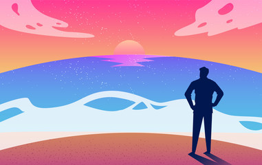 Sea and beach landscape concept. Silhouette man enjoy beauty of summer beach sunset. vector illustration 