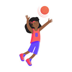 Girl basketball player with the ball. Child plays basketball. Colorful cartoon illustration in flat vector. Children s sport. Sports team games. Healthy Lifestyle. Games with the ball.