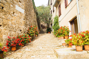 Fototapeta na wymiar Croatia, Istria, beautiful old cobbled street, traditional houses and in the old historical town of Motovun