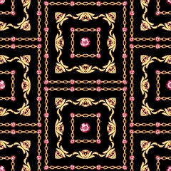Seamless vertical pattern with golden jewelry and ruby gems