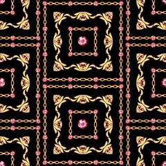 Stof per meter Naadloos verticaal patroon met gouden juwelen en robijnrode edelstenen © Gribanessa
