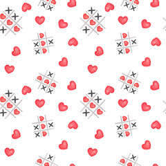 Saint Valentine illustration Seamless pattern with watercolor illustartions hearts and tick tack toe