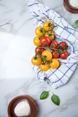 Rote und gelbe Tomaten mit Mozzarella und Basilikum auf Marmor Hintergrund