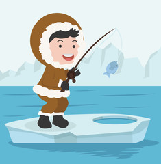 Arctic eskimo fishing on ice floe vector