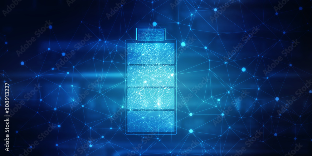 Poster 2d rendering electrical energy and power supply source concept, accumulator battery with charging le