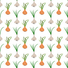 Seamless pattern with heads of garlic and onions.