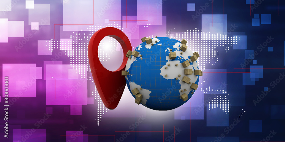 Poster 3d rendering red map pointer in card box