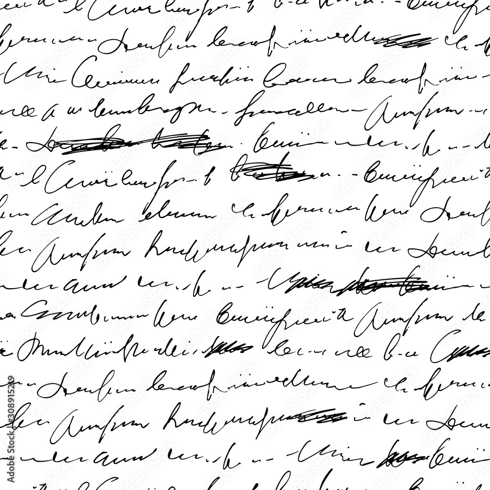 Poster Handwritten abstract text with mistakes and misprints seamless pattern, vector monochrome script background, with scribbles and blots