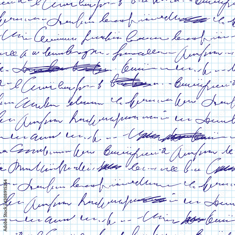 Poster Handwritten abstract text with mistakes and misprints seamless pattern, vector monochrome script background, with scribbles and blots
