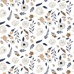 Fototapeta premium Floral vector seamless pattern with flowers and leaves. Beautiful hand drawn flowers in light pastel colors in vintage style.