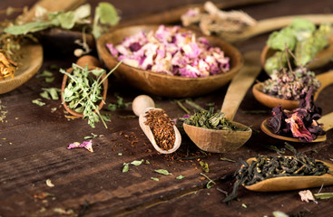 Assortment of dry tea in spoons and bowl on a wooden background.