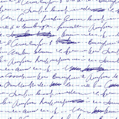 Handwritten abstract text with mistakes and misprints seamless pattern, vector monochrome script background, with scribbles and blots