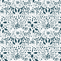 Seamless floral pattern with flowers and leaves. Modern background with hand drawn elements.