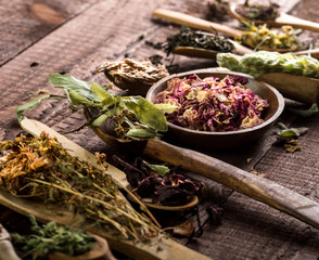 Assortment of dry tea in spoons and bowl on a wooden background.