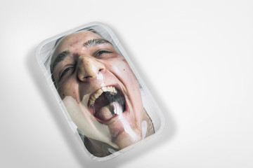 Nightmare. Human head as a goods in plastic box on white background, eco concept. We're selling our organic future. Natural disaster, environmental problems, polymers pollution. Suffocating in garbage