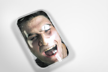 Cry. Human head as a goods in plastic box on white background, ecology concept. We're selling our...