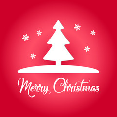 Merry Christmas Greeting Card. Lettering with tree and snow on red background, vector illustration.