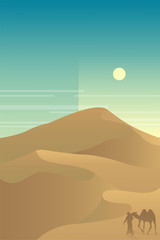 Minimalist desert panorama landscape with sand dunes and clear blue sky on very hot sunny day summer  concept. Scenery nature  background vector illustration