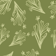 Floral seamless pattern in line art style.  Abstract botanical print of flowers, leaves, twigs. Textile design texture. Spring blossom background. Vector illustration.