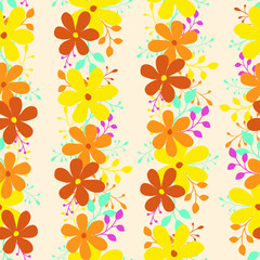 Floral seamless pattern with vertical colorful yellow and orange flowers; vector illustration; floral design for fabric, wallpaper, wrapping paper, textile, web design.