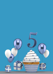 Number 5 blue birthday cupcake with balloons and gifts. 3D Render