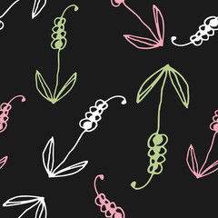 Floral seamless pattern in line art style.  Abstract botanical print of flowers, leaves, twigs. Textile design texture. Spring blossom background. Vector illustration.