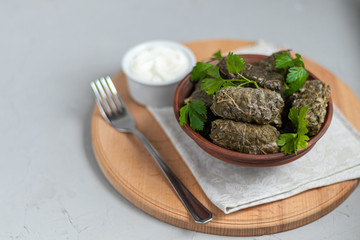 Oriental dish Dolma from grape leaves and minced meat.