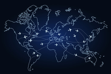 The contour of the world map on a dark background, airplanes with a motion path: traveling around the world, concept. Vector illustration - obrazy, fototapety, plakaty