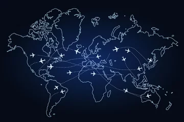  The contour of the world map on a dark background, airplanes with a motion path: traveling around the world, concept. Vector illustration © Elena