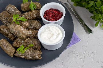 Oriental dish Dolma from grape leaves and minced meat.