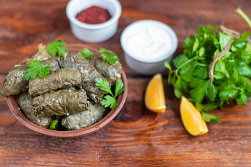 Oriental dish Dolma from grape leaves and minced meat.