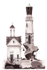 Greek landscape. Stylized lighthouse and chapel.