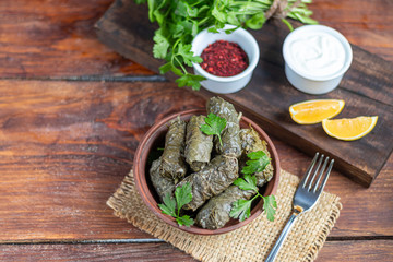 Oriental dish Dolma from grape leaves and minced meat.