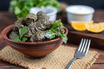 Oriental dish Dolma from grape leaves and minced meat.