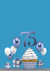 Number 75 blue birthday cupcake with balloons and gifts. 3D Render