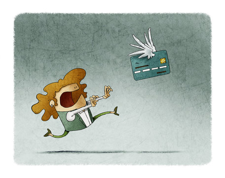 Woman is running behind a winged credit card that flies away.
