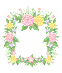 Floral frame watercolor style. Rose, leaves, branch decoration