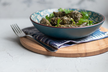 Oriental dish Dolma from grape leaves and minced meat.