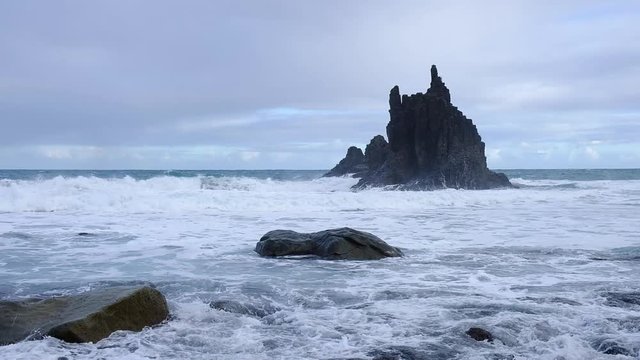 Wild Atlantic ocean on Benijo beach in Tenerife, Canary islands, Spain. Slow motion footage